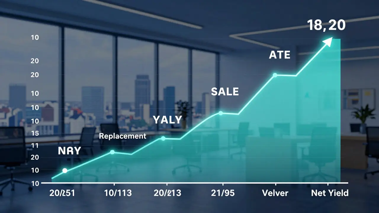 10-Jahres-Investitionszeitachse mit Cashflows, Sanierungskosten und Verkaufserlös, IRR-Kurve als heller Verlauf.