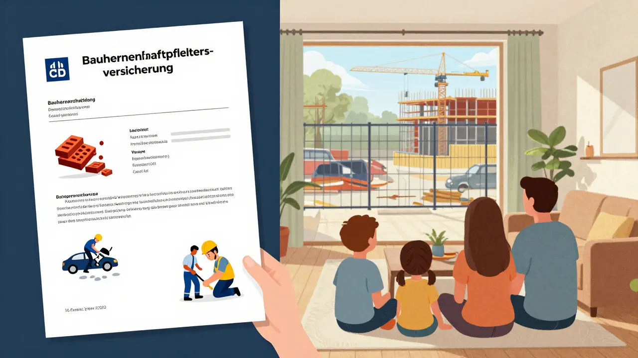 Aufgeteilte Szene: Schäden an Nachbargrundstück und Arbeiter vs. sichere Baustelle mit Schutzschild.