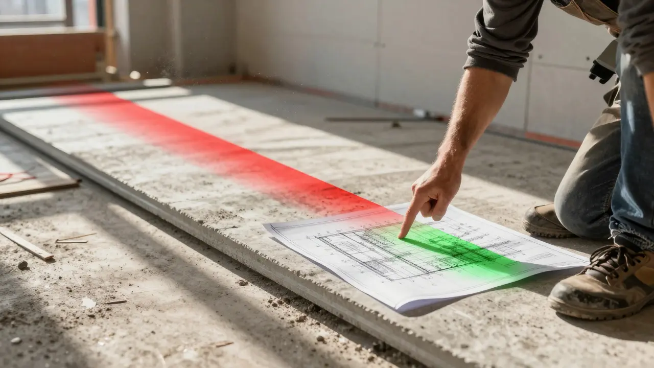 Bauarbeiter installiert schalldämmende Unterlage in Berlin, Architekt zeigt auf Bauplan mit DIN 4109-1:2024.