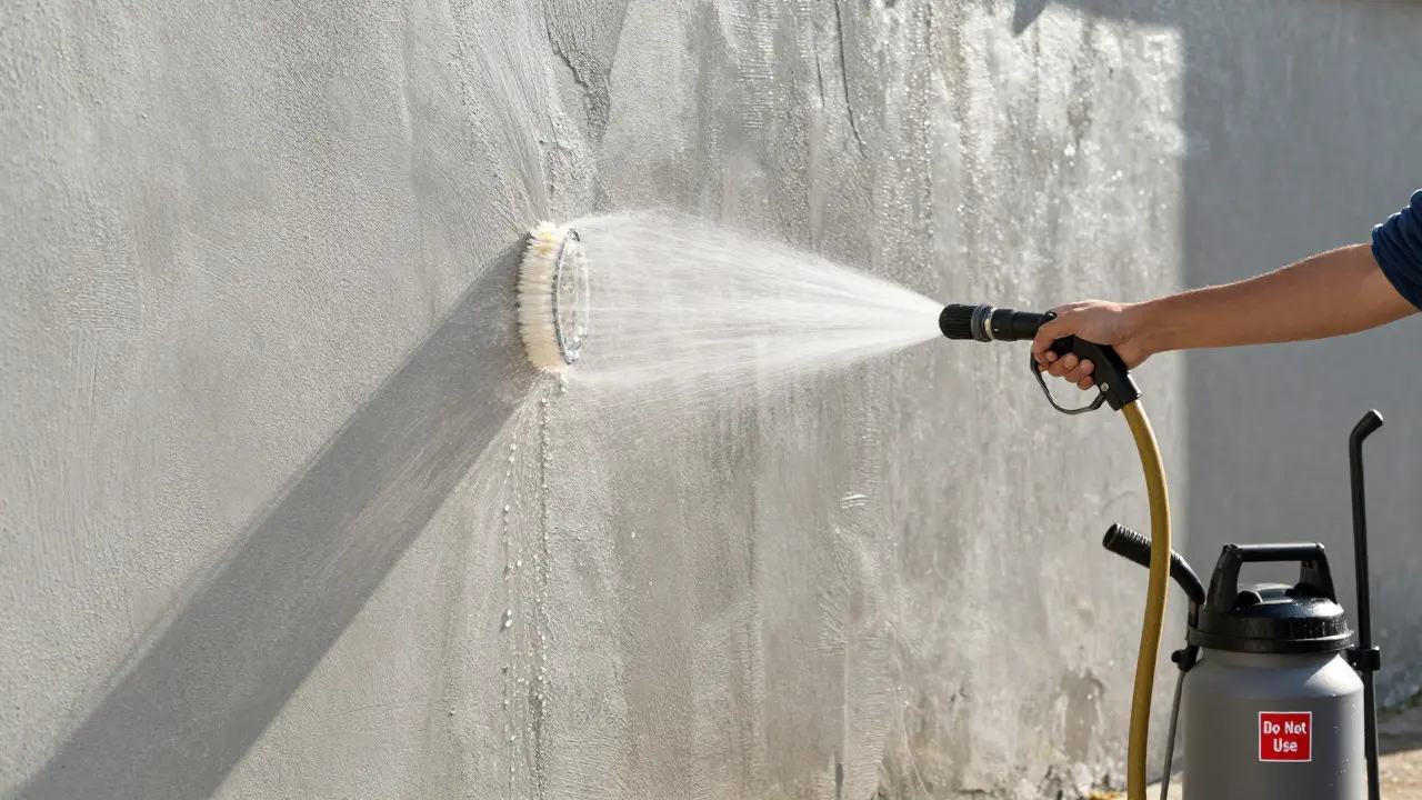 Bauherr reinigt Fassade mit Niederdruckwasserstrahl – keine Hochdruckreinigung.