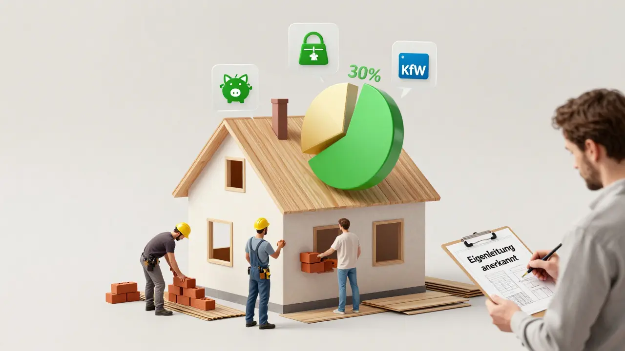 Baustelle mit Eigenleistung, KfW-Förderung und Eigenkapitalanteil als Diagramm über dem Haus.