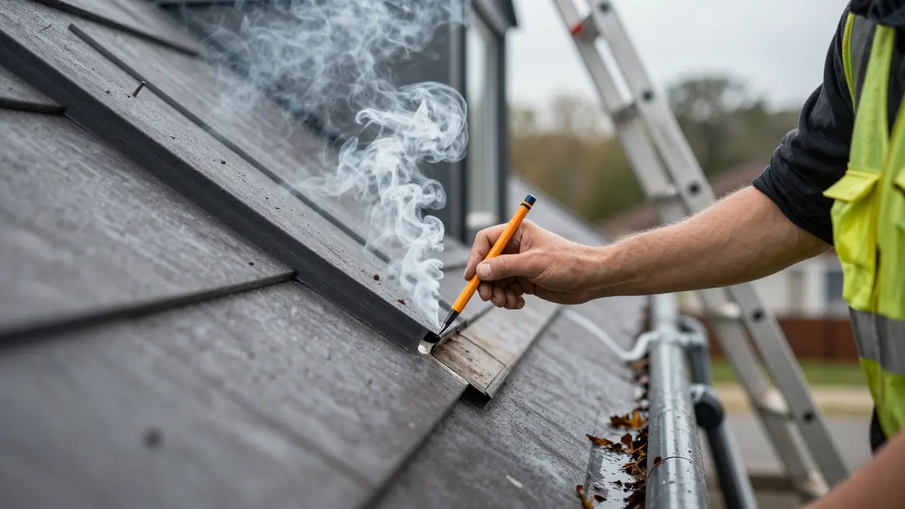 Dachdecker nutzt Rauchstift, um Undichtigkeiten an einer Gaube zu finden, Rauch verschwindet an einer Lücke in der Dachabdichtung.
