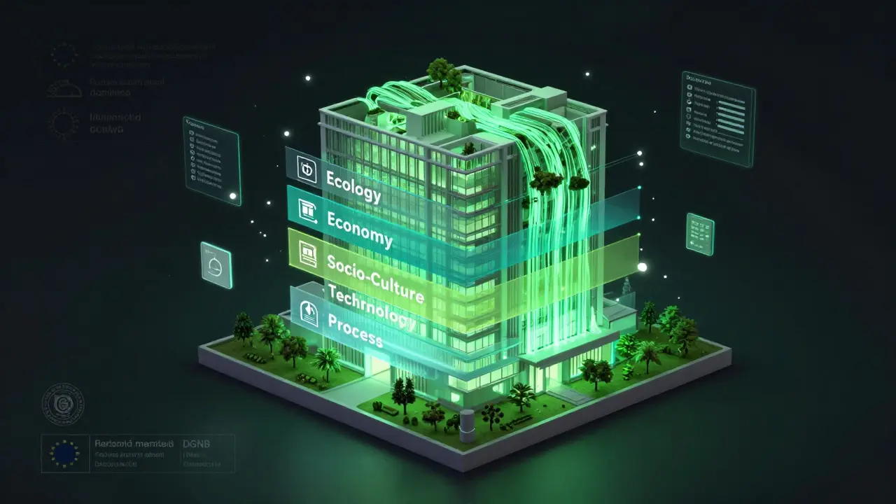 Digital 3D building model glowing with energy flows and DGNB evaluation criteria overlaid.