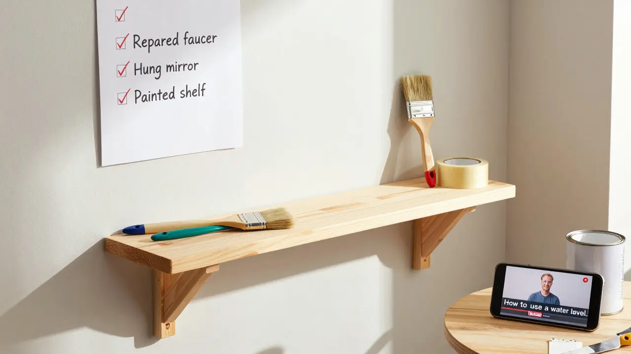 Ein frisch gestrichenes Regal in einer sonnigen Ecke mit Werkzeugen und einem angehaltenen Tutorial auf dem Handy.