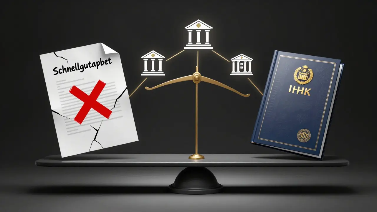 Ein Waage vergleicht ein unsicheres Schnellgutachten mit einem offiziell zertifizierten Immobiliengutachten.