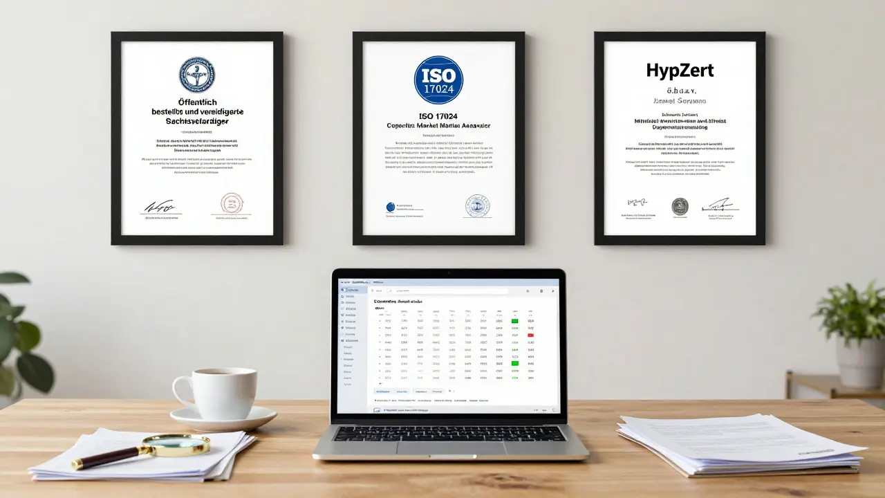 Ein zertifizierter Gutachter in seinem Büro mit offiziellen Zertifikaten an der Wand und einem Bewertungschart auf dem Laptop.
