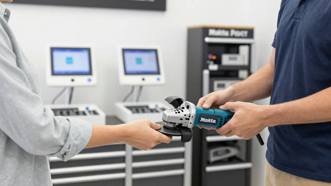 Eine Person erhält ein neues Werkzeug aus einem modernen Verleihzentrum.