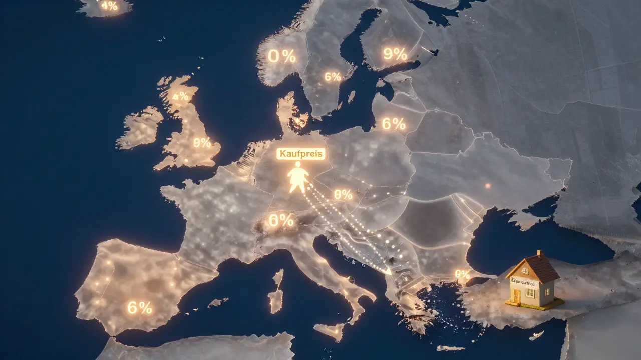 Eine transparente EU-Karte zeigt leuchtende Kostenprozentsätze pro Land, mit klaren Pfaden zu günstigen Märkten.