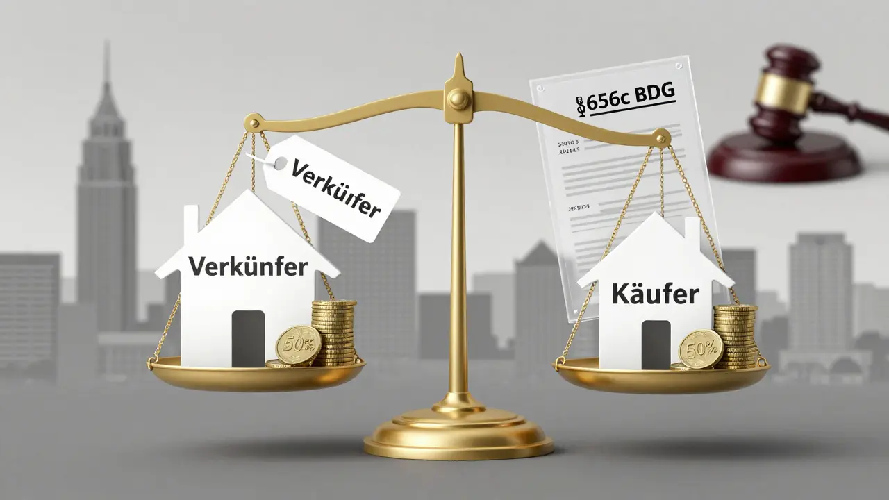 Eine Waage zeigt die faire Aufteilung der Maklerprovision zu je 50% zwischen Käufer und Verkäufer.