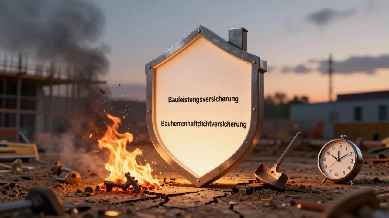 Hausförmiger Schild mit zwei Versicherungsschichten, schützt Baustelle vor Sturm, Feuer und Bodenrissen.