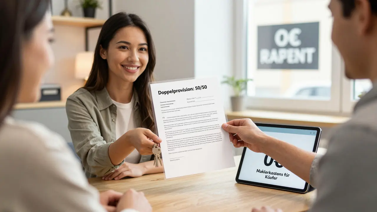 Käufer übergibt Schlüssel an Verkäufer, Vertrag zeigt 'keine Maklerkosten für Käufer'.