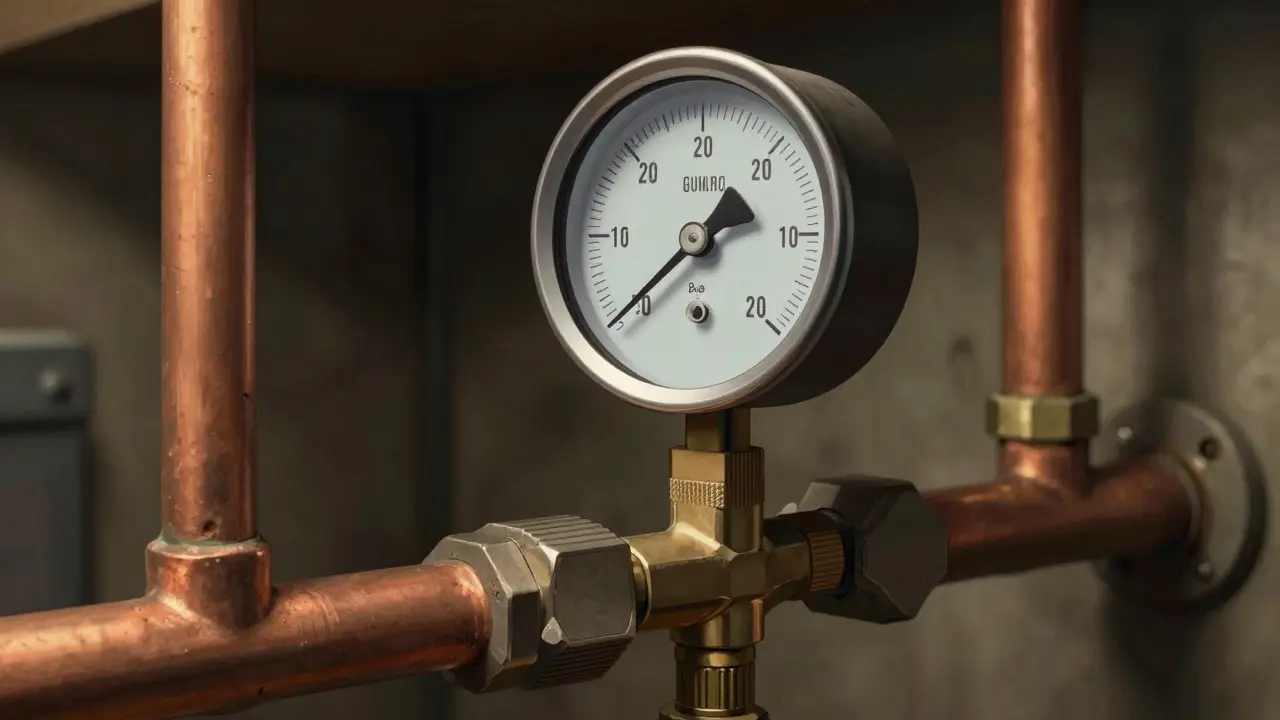 Manometer an Rohrleitung zur Druckprüfung angeschlossen