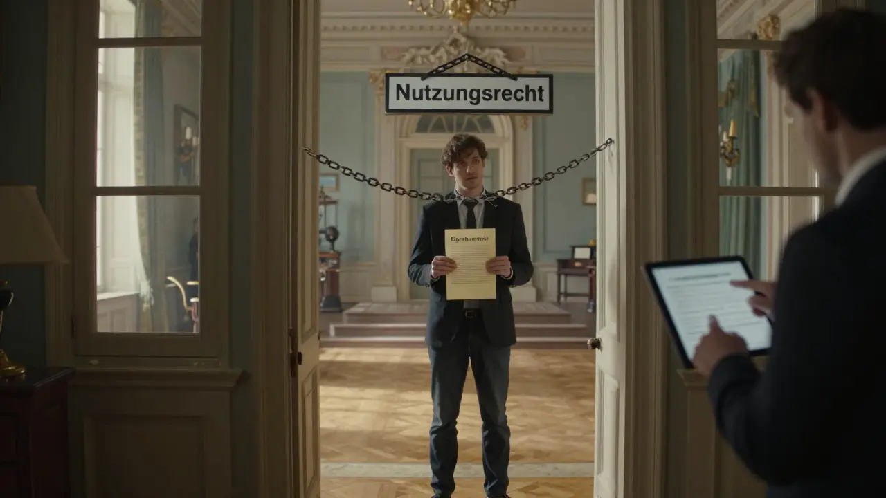 Mensch an Tür einer ausländischen Immobilie, transparente Darstellung von Rechtsunsicherheiten und Anwalt in Hintergrund.