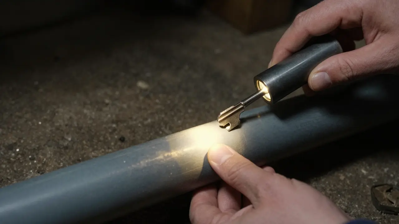 Person testet Bleirohr mit Magnet und Schlüssel im Keller