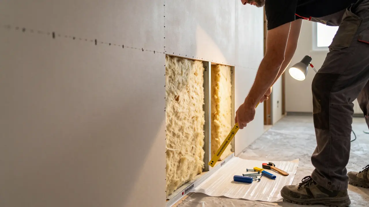 Professioneller Trockenbauer legt doppelt verlegte Platten mit Dehnungsfugen und Dichtband in einem Flur.