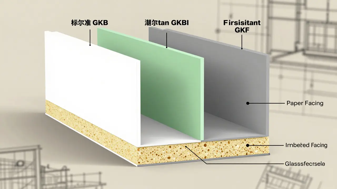 Querschnittsansicht dreier Gipskartonplatten-Typen: weiß, grün und grau mit inneren Schichten und Materialkennzeichnungen.