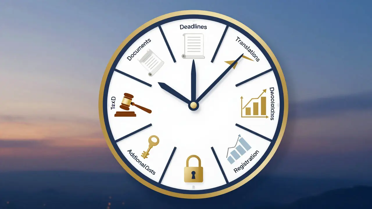 Sieben Kategorien eines Auslandsimmobilienkaufs als symbolischer Uhrzeiger, mit juristischen und finanziellen Anzeichen.