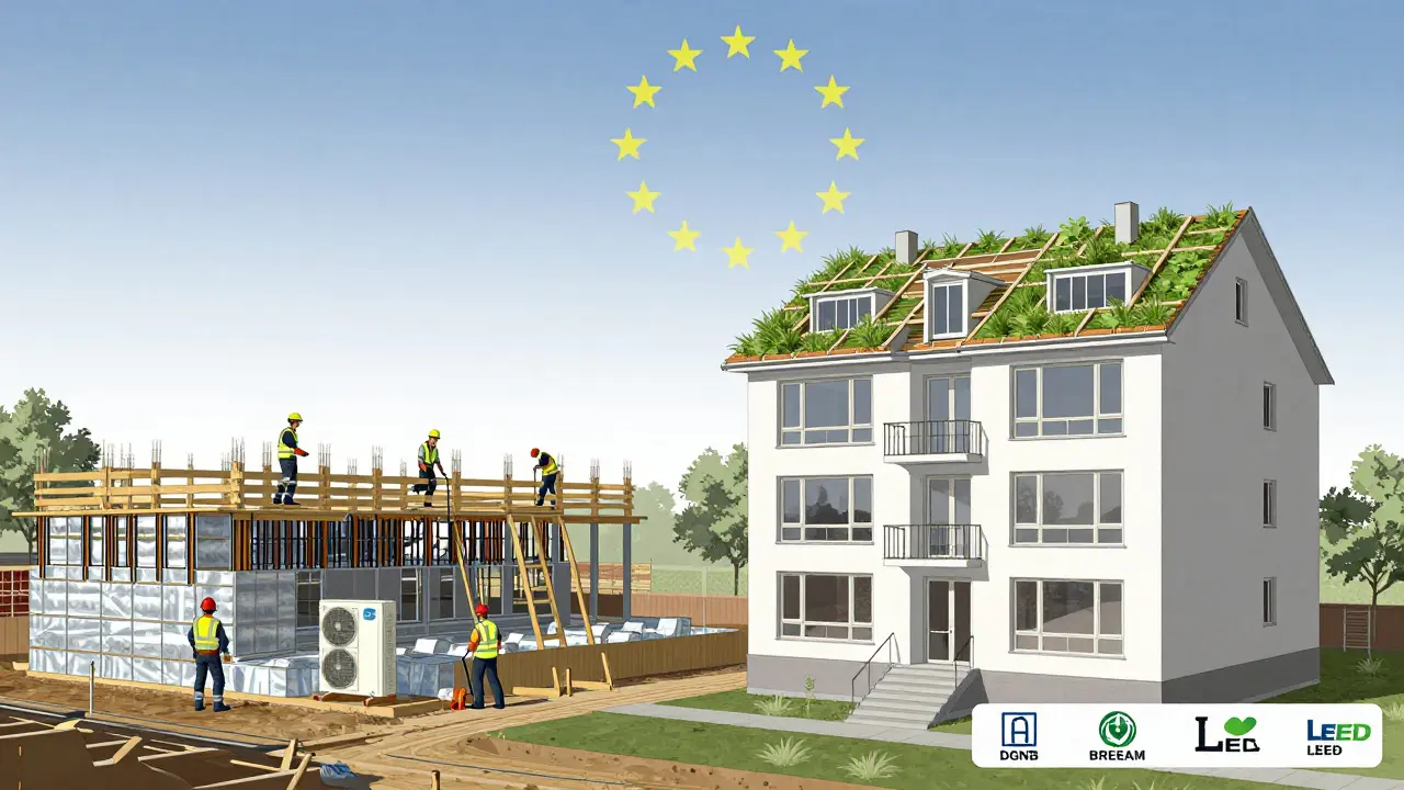 Split illustration of new construction and building renovation with sustainability certification icons.