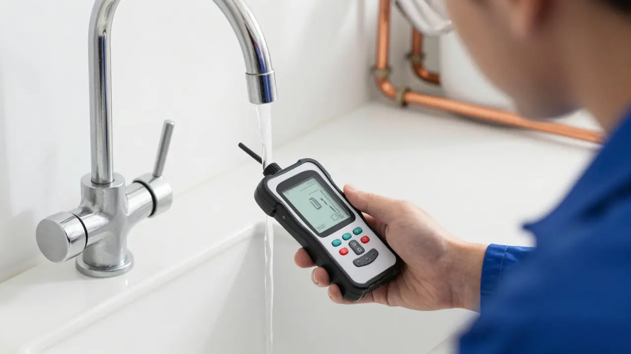 Techniker testet Trinkwasser mit mobilen Bleisensor