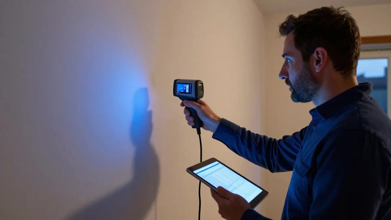 Technischer Gutachter entdeckt mit Wärmebildkamera versteckte Feuchtigkeitsschäden in einer portugiesischen Villa.