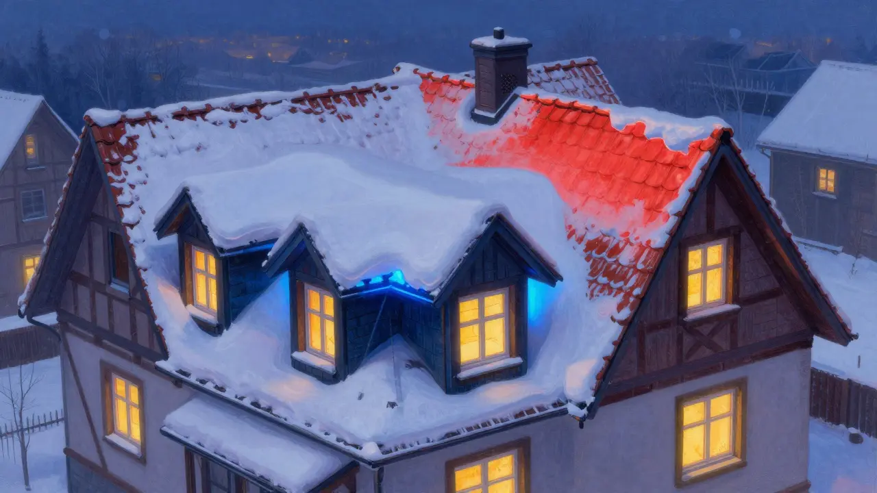 Thermografische Darstellung einer Gaube bei Schnee: kalte Luftlecks in Blau, feuchte Stellen in Rot, warme Fensterlichter im Haus.