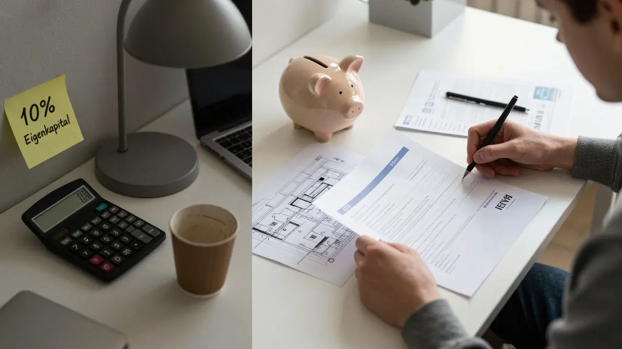 Vergleich: Unordentlicher Schreibtisch mit 10% Eigenkapital vs. geordnetes Arbeitsumfeld mit 30% Eigenkapital.