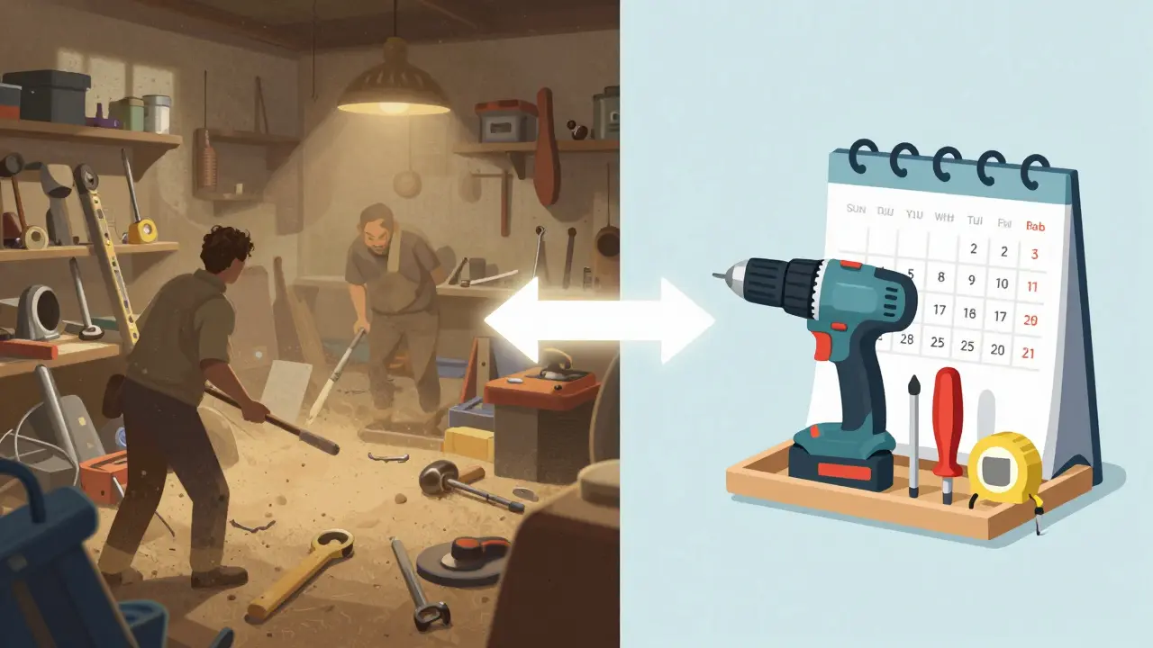 Vergleich zwischen überfüllter Werkstatt und minimalistischem Werkzeugregal.