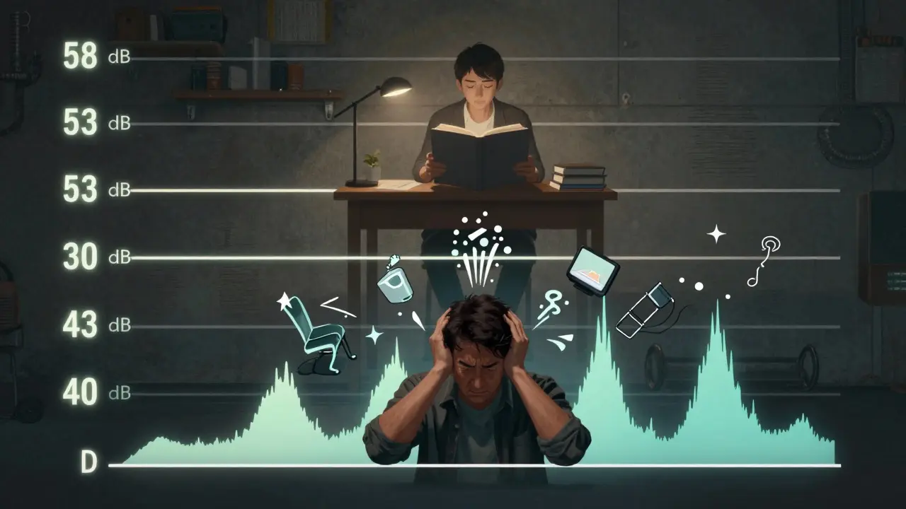 Visuelle Darstellung von Schalldämmstufen von 58 dB bis 43 dB mit symbolischen Lärmquellen und ruhigen Menschen.