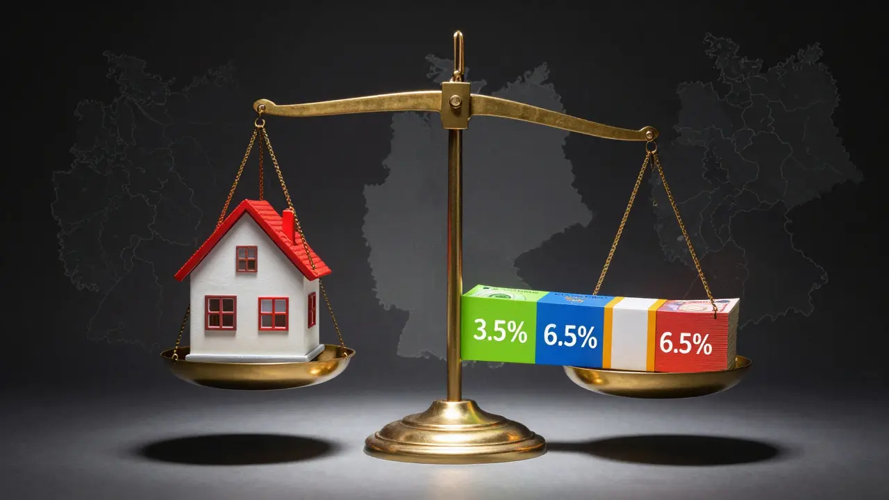 Waage mit Haus und Geldstapel, die regional unterschiedlichen Steuersätzen entsprechen, symbolisch für Finanzbelastung.