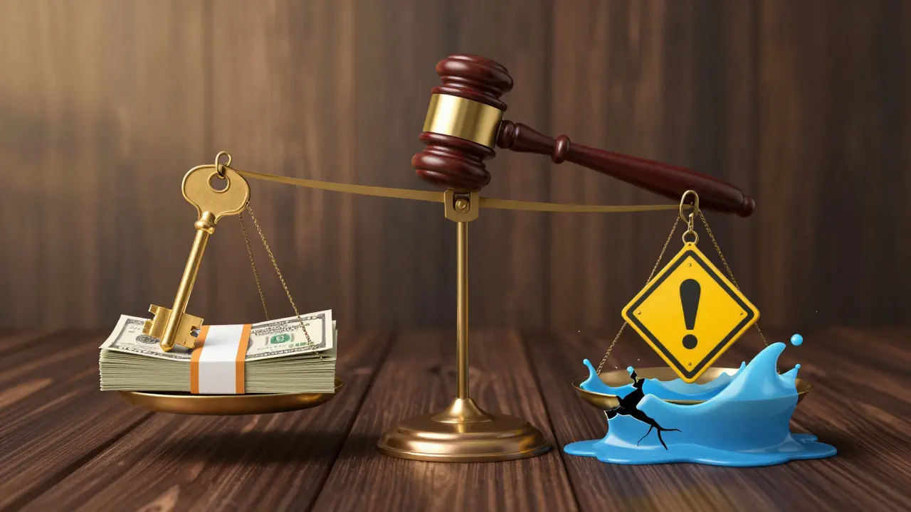 Waage mit Kaufkosten auf einer Seite und versteckten Mängeln wie Asbest und Hochwasser auf der anderen.