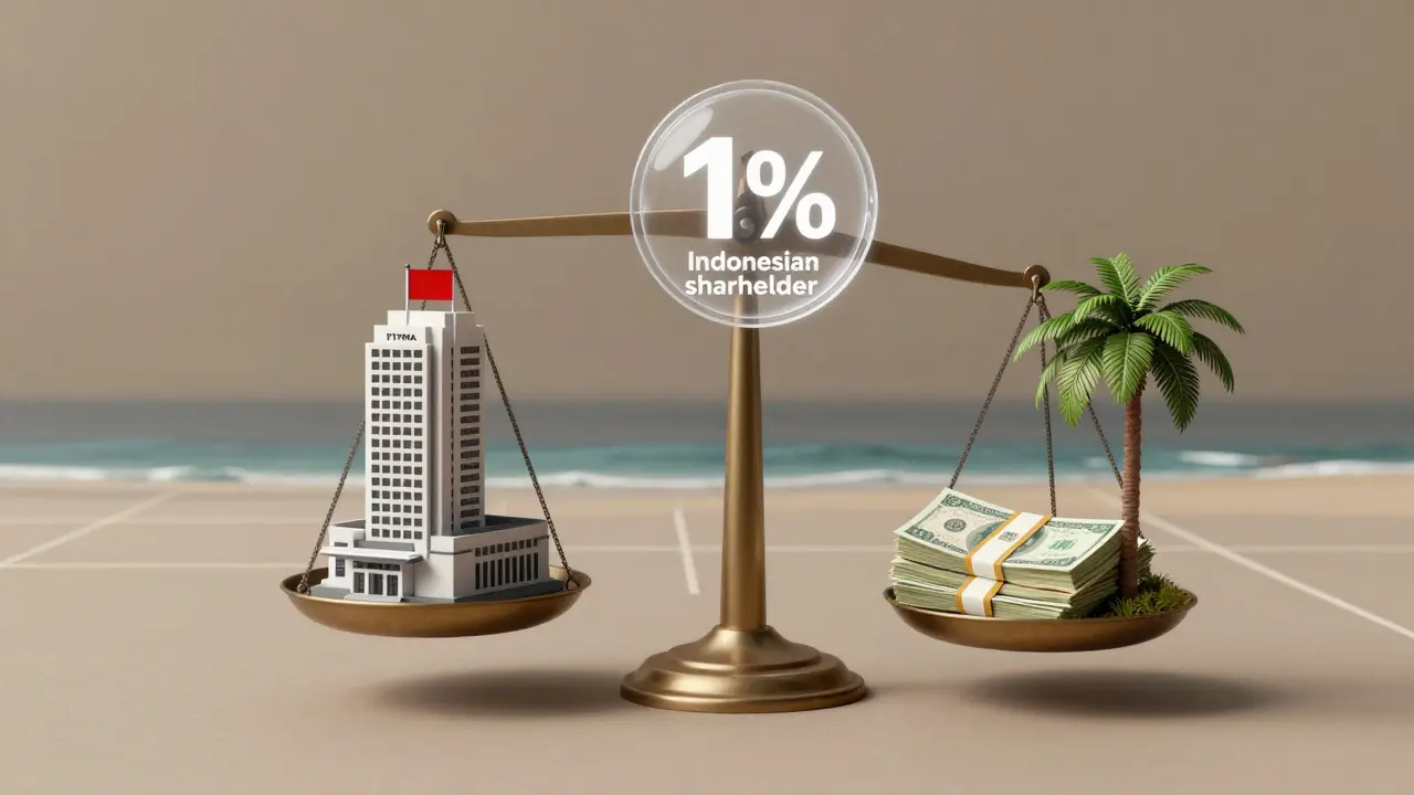 Waage mit PT PMA-Gebäude und indonesischem Anteil als Symbol für ausländische Investition.