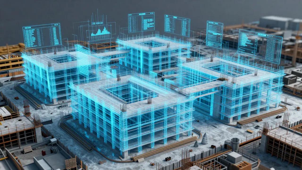 Abstrakte digitale Datenüberlagerung auf einer modernen Baustelle