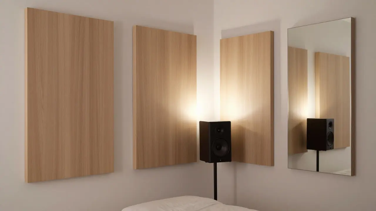 Akustikpaneele strategisch an den Seitenwänden platziert, Spiegel zeigt Reflexionspunkt eines Lautsprechers.