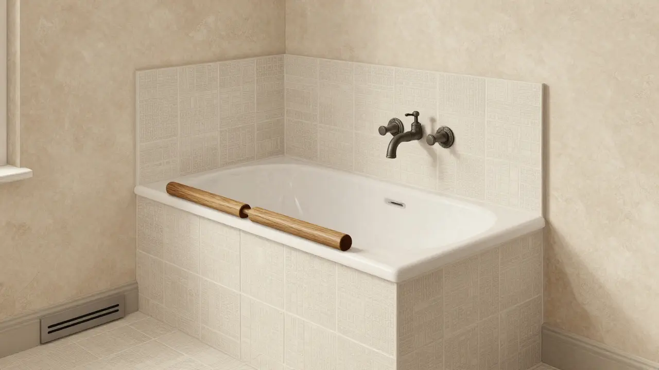 Barrierefreies Bad in historischem Haus mit rutschfesten Fliesen, abnehmbaren Haltegriffen und originalen Putzstrukturen.