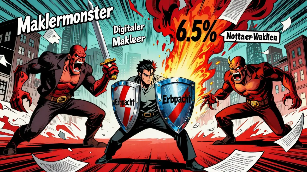 Comic-Stil: Käufer kämpft gegen Makler, Steuern und Notarkosten mit Erbpacht und digitaler Lösung.