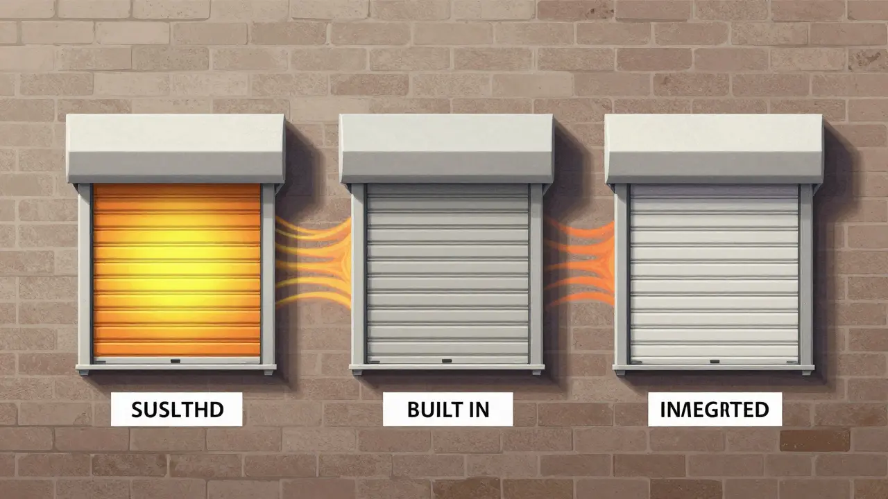 Drei Arten von Rollladenkästen nebeneinander: Aufsatz-, Einbau- und Aufbauvariante mit strukturellen Unterschieden.