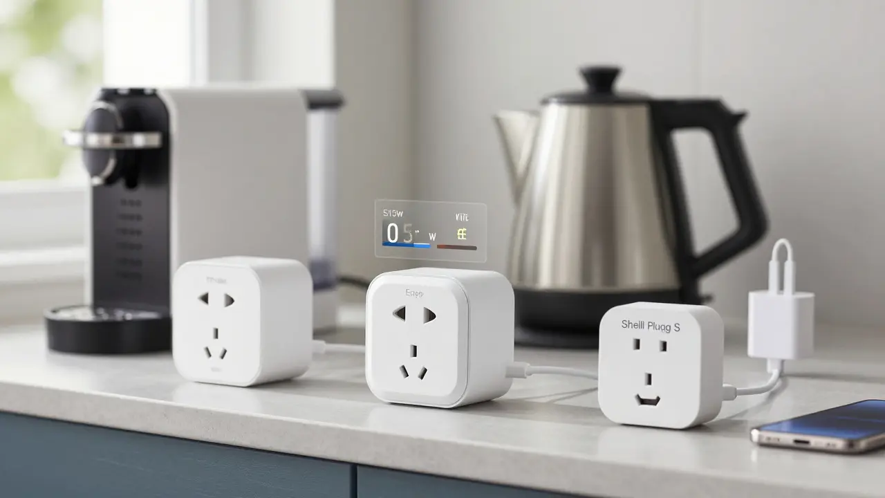 Drei verschiedene intelligente Steckdosen mit Geräten, die ihre Leistungswerte in Watt und Euro auf den Displays zeigen.