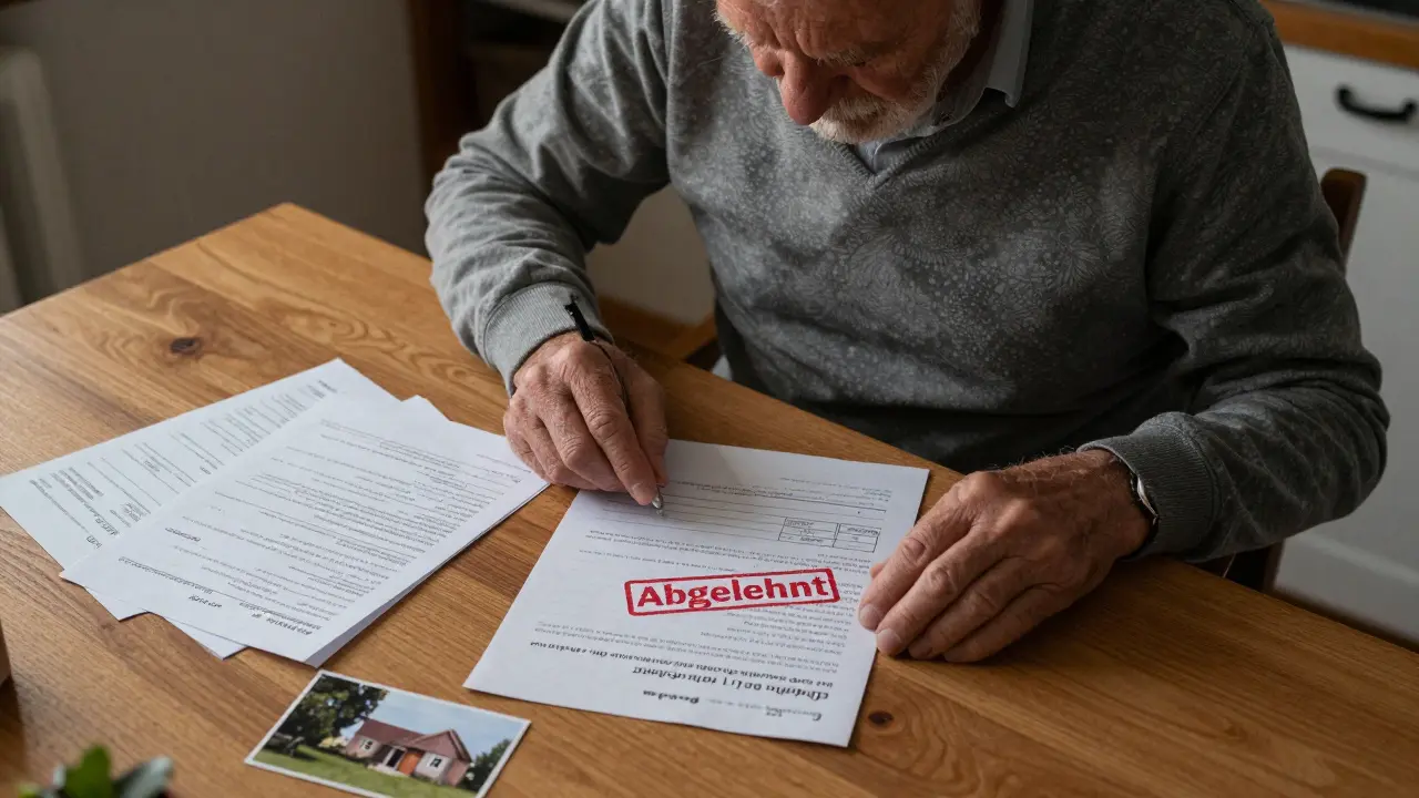 Ein älterer Mann mit finanziellen Unterlagen und einem abgelehnten Kreditantrag.
