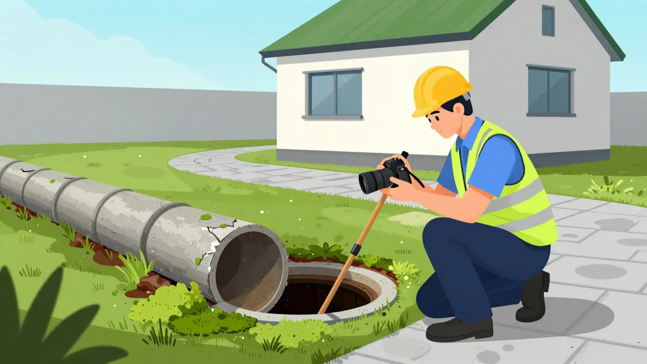 Ein Bausachverständiger untersucht eine defekte Entwässerungsleitung mit einer Kamera, während ein modernes, nachhaltiges System dahinter sichtbar ist.