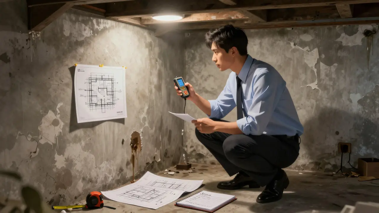 Ein Gutachter untersucht feuchte Kellerwände mit einem Messgerät, während Unterlagen und Werkzeuge neben ihm liegen.