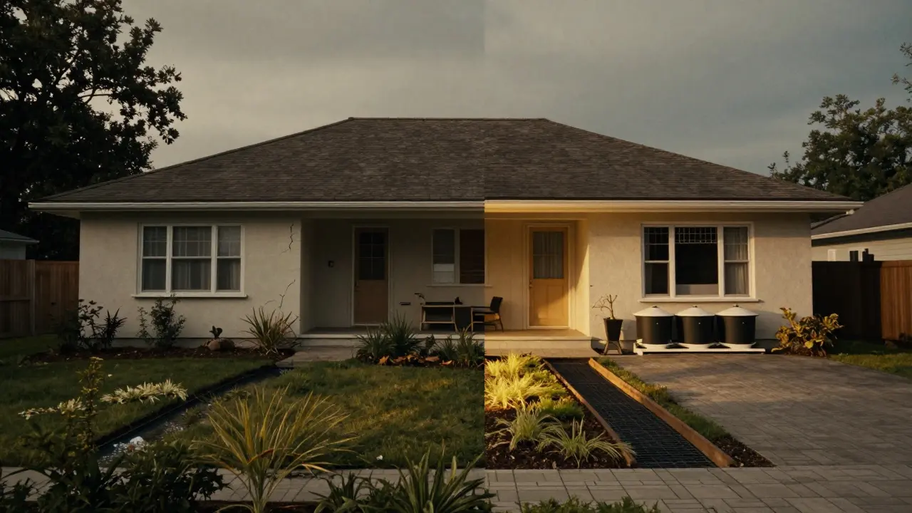 Ein Haus in zwei Zuständen: links verfallen durch fehlende Entwässerung, rechts mit nachhaltigen Regenwasserlösungen und natürlichen Abflüssen.