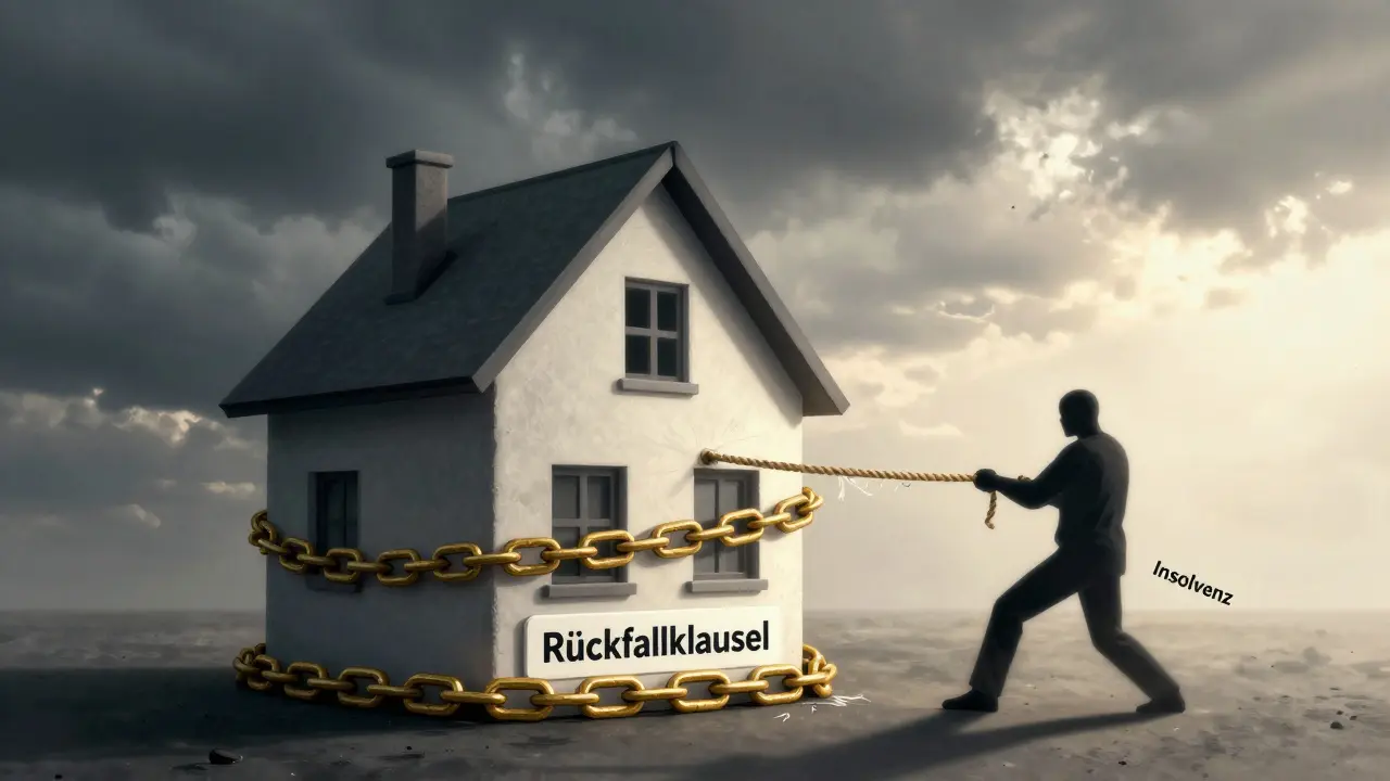Ein Haus mit einer goldenen Kette aus Rückfallklausel, die es vor einem Gläubiger schützt, während ein brüchiges Seil versucht, es wegzuziehen.