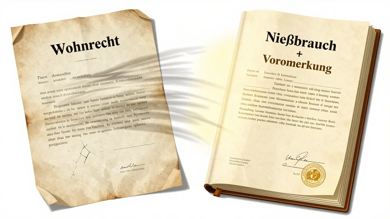 Ein juristischer Vergleich: ein zerbrechliches Wohnrecht vs. ein sicheres Nießbrauch-Dokument mit offiziellen Siegeln.