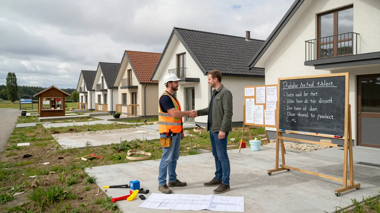 Ein lokaler Bauträger und ein Investor schließen eine Partnerschaft vor einem neuen Wohnprojekt in einem ländlichen Dorf.