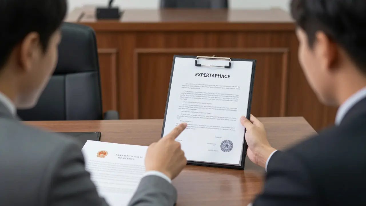 Ein Richter prüft ein offizielles Gutachten in einem Gerichtssaal, während Anwälte daneben sitzen.