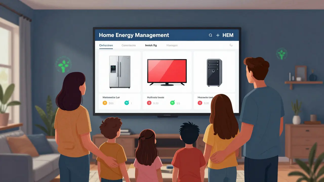 Eine Familie betrachtet ein Home Energy Management-Dashboard an der Wand, das den Stromverbrauch verschiedener Haushaltsgeräte visualisiert.