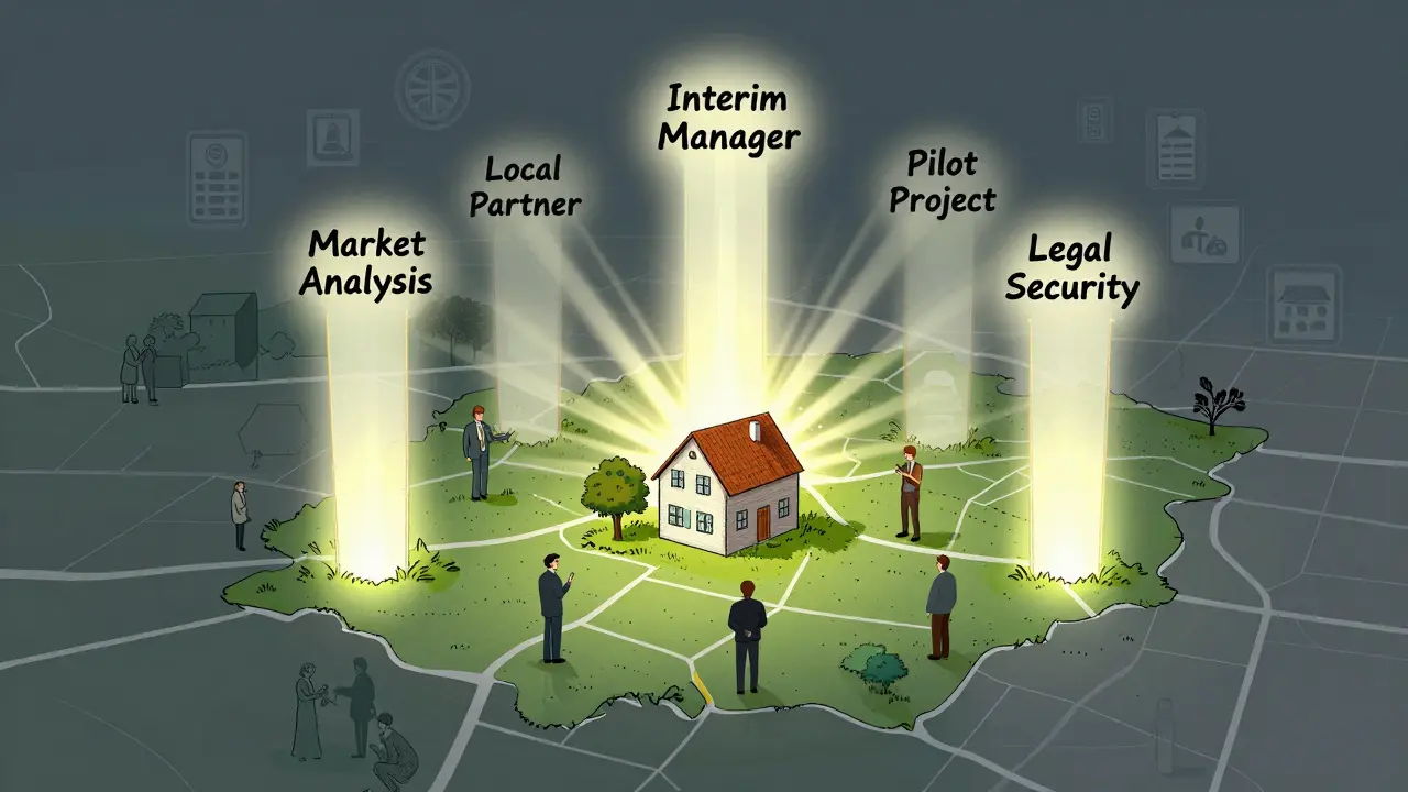 Eine Karte mit fünf Säulen erfolgreicher Immobilienstrategie in ländlichen Regionen Deutschlands.