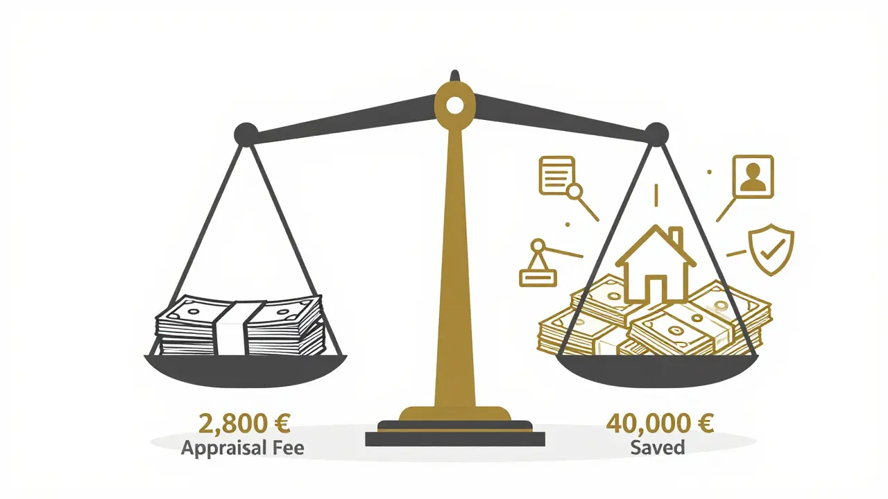Eine Waage vergleicht die Kosten eines Gutachtens mit den möglichen Ersparnissen beim Immobilienkauf.
