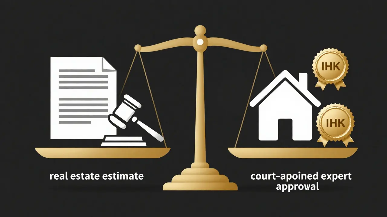 Eine Waage vergleicht eine einfache Schätzung mit einem umfassenden, rechtlich gültigen Gutachten.