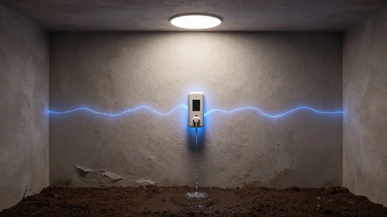 Elektrophysikalisches System drückt Wasser zurück in den Boden, während atmungsaktiver Putz die Innenwand schützt.